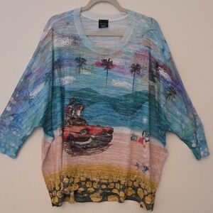 Inoah Colorful Driving On Beach Dogs Scenic Print Top OS (Bx13)